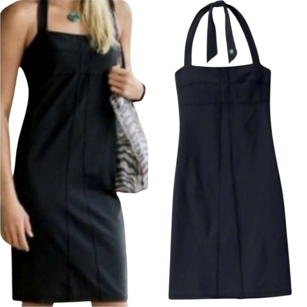 Athleta Sizzle Halter Dress Womens Small Black Stretch Bodycon Knee Length